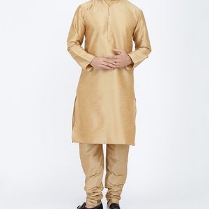 Handmade Raw Silk Gold Kurta Pyjama Set For Men